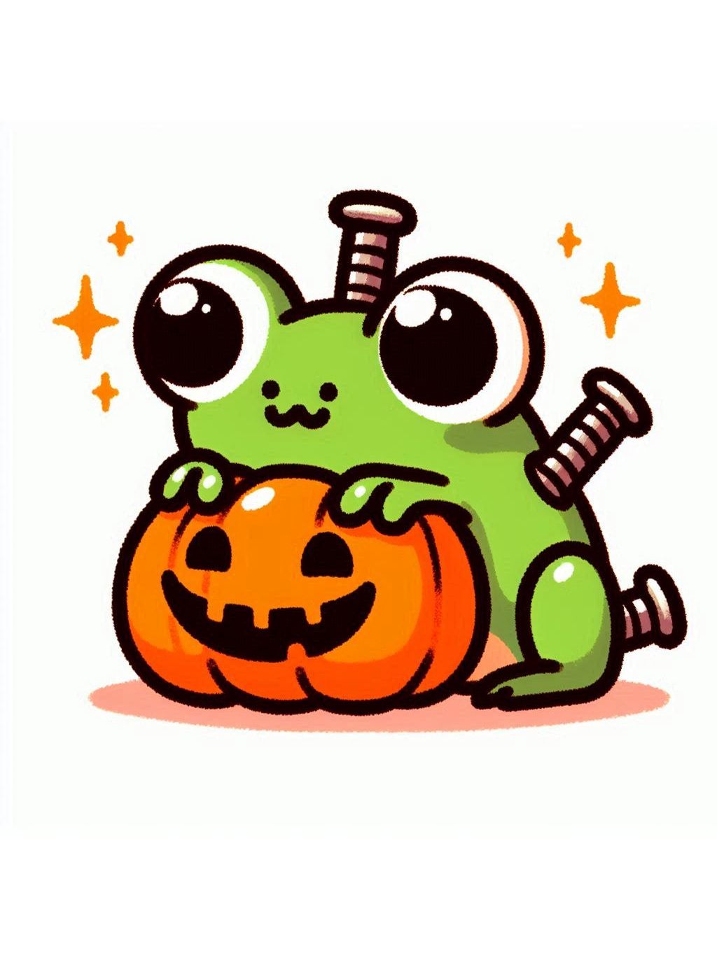 halloween frog drawing ideas, featuring a cute green frog styled as Frankenstein, hugging a small orange pumpkin with a playful, carved face.